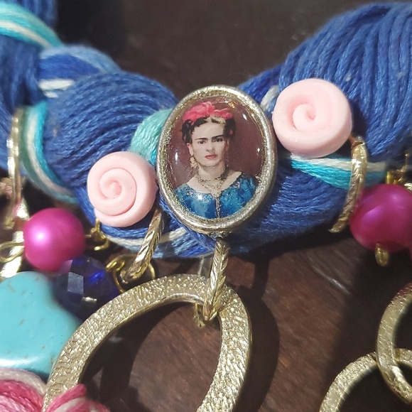 Jewelry - Artistic Multicolor Necklace with Gold Accents Frida Kahlo Face Braid Beads